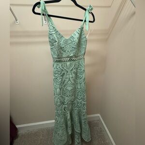 Lulus - Sage Green Lace Tie-Strap High-Low Midi Dress